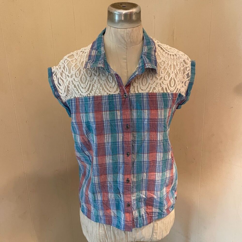 ROXY quiksilver PLAID LACE Button Up TOP Red Blue M